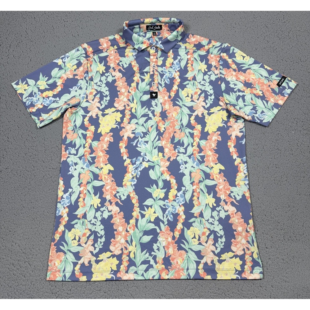 Bad Birdie Polo Shirt Mens Medium Floral Print Golf Performance Stretch Tropical